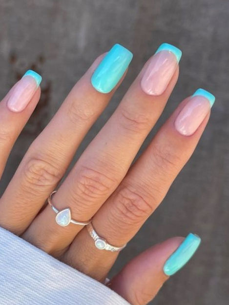 turquoise nails: French tip accent White Nails With Turquoise Design, Summer Nails Teal Aqua, White Turquoise Nails, Nails For Turquoise Dress, Turquoise Tips Nails, Teal Nails Acrylic French Tips, Square Turquoise Nails, Pale Turquoise Nails, Turquoise Nail Tips