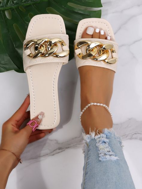 Chain Decor Slide Sandals Beige Sandals, Shoes Heels Classy, Fantastic Shoes, Women Slides, Embroidered Shoes, Fashion Slippers, Girly Shoes, Cute Sandals, Womens Sandals Flat