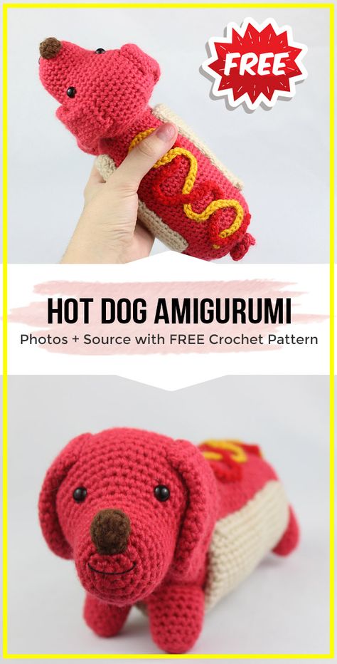 Crochet Hot Dog, Dog Amigurumi Free Pattern, Dinosaur Patterns, Dog Amigurumi, Crochet Dog Patterns, Crochet Dinosaur, Pola Amigurumi, Crochet Animals Free Patterns, Crochet Design Pattern