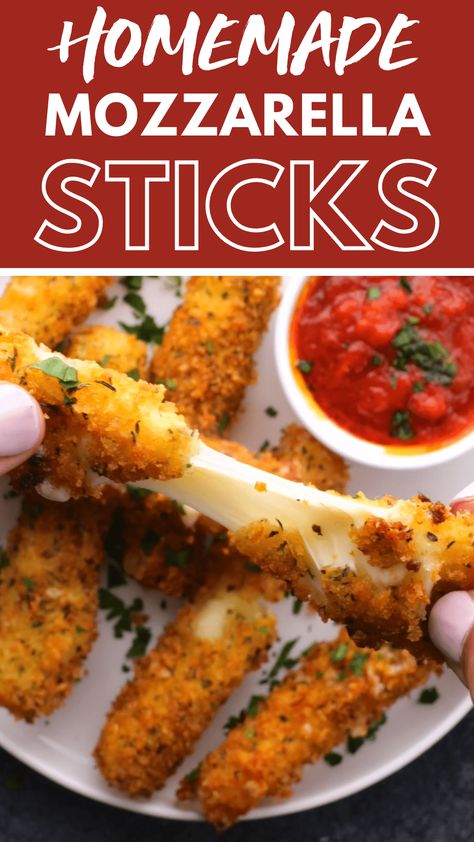 Why not try making your own homemade mozzarella sticks - they're easy and they taste oh so good! This simple recipe will show you how to make your own delicious mozzarella sticks in less than 30 minutes. String cheese sticks are coated in batter and deep fried to golden, melted cheesy perfection - try out this easy mozzarella sticks recipe. You won't be disappointed! I've also included my favorite marinara sauce recipe for dipping. | easy fried mozzarella | fried cheese sticks Easy Homemade Mozzarella Sticks, Easy Homemade Mozzarella, Easy Mozzarella Sticks, Homemade Cheese Sticks, Fried Cheese Sticks, Cheese Sticks Recipe, Homemade Mozzarella Sticks, Fried Mozzarella, Mozzarella Sticks Recipe