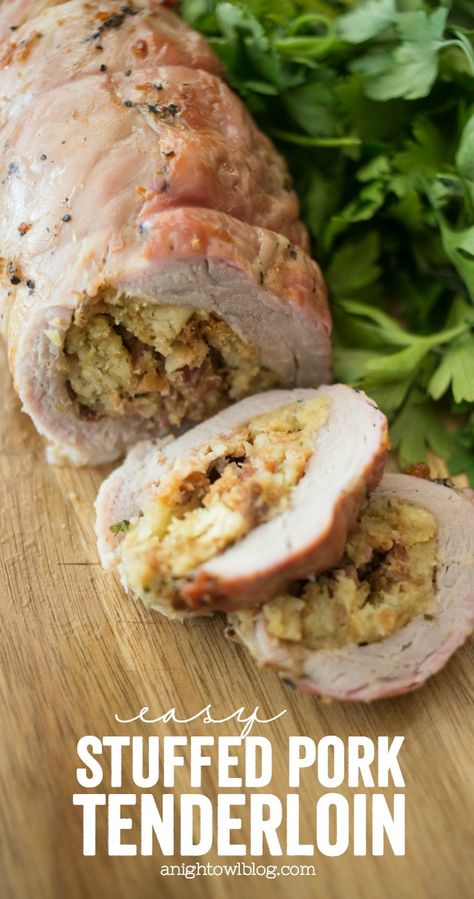 During the busy holiday season, this Easy Stuffed Pork Tenderloin is a delicious, quick and easy dinner you can make in just 30 minutes! It will be a new family favorite! Stuffing Stuffed Pork Loin, Easy Stuffed Pork Tenderloin, Stuffing Pork Tenderloin, Pork Tenderloin And Stuffing, Pork Tenderloin Stuffed With Stuffing, Stuffing For Pork Tenderloin, Stuffed Pork Fillet Recipes, Pork Tenderloin With Stuffing, Stuffed Pork Roast Recipes