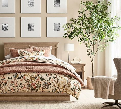 Get The Look: In Full Bloom | Pottery Barn Barn Bedrooms, Meranti Wood, Monochrome Bedroom, Rustic Bedroom Decor, Above Bed Decor, Dovetail Joinery, Inspire Me Home Decor, Bedroom Refresh, Color Tones