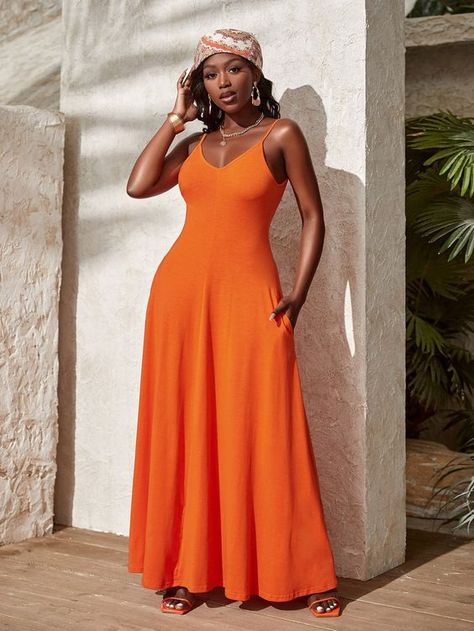 Burnt Orange Casual Collar Sleeveless Fabric Plain Cami Embellished Medium Stretch Summer Women Clothing Beachy Birthday, Modest Casual, Pocket Maxi Dress, Professional Dress, Cami Maxi Dress, Outfit Chic, Minimalist Business, Spring Boho, Business Work