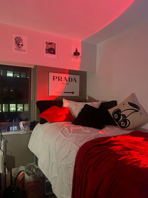 #explore #explorepage #red #lights #decor #roomdecor #homedecor #college #design #inspired Room With No Headboard, Red And Gold Room Decor, Red And Grey Room Ideas, White And Red Bedroom Aesthetic, Black White And Red Dorm Room, Red Black And White Dorm Room Ideas, Black And Red Apartment Aesthetic, Red Room Ideas Aesthetic, Red Dorm Aesthetic