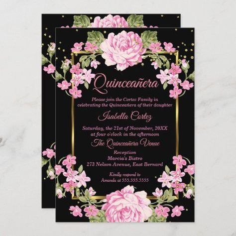 $2.55 | Quinceanera Pink Pretty Country Floral Gold Black #gold, quinceanera, quinceanera 15th birthday, tiara quinceanera birthday party, pearls, pretty, flowers, country, birthday party, black Black Quinceanera Theme, Quinceanera Venue, Country Birthday Party, Mexican Quinceanera, Quinceanera Pink, Pink Quince, Quince Invitations, Quinceanera Planning, Country Birthday