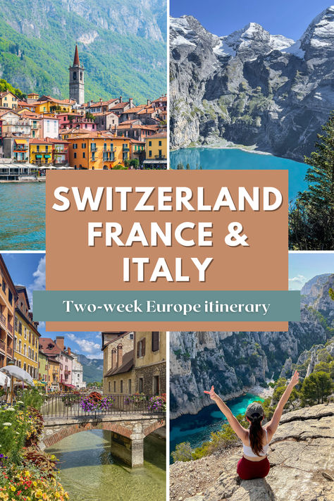 Exploring Switzerland, France and Italy is a dream for many travelers. To visit the Swiss Alps, the South of France and Northern Italy. So we've created a 14-day itinerary that takes you around the best of Switzerland, the South of France and Northern Italy. Read our post to find out: How to get around Switzerland, France and Italy · How to plan your road trip · Best places to visit in Switzerland, Southern France and Northern Italy · Lauterbrunnen, Zermatt, Annecy, Milan, Cinque Terre and more France And Italy 2 Weeks, Paris Switzerland Italy Itinerary, Switzerland To Italy Itinerary, South Of France And Italy Itinerary, France And Switzerland Itinerary, Where To Visit In Switzerland, Switzerland And Northern Italy Itinerary, Italy And Switzerland Itinerary, Switzerland Italy Itinerary