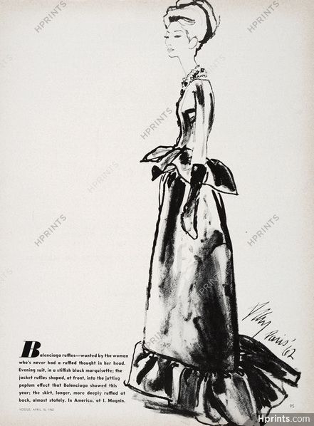 Balenciaga P/E 1962. Illustration de Tod Draz. Character Words, Man Ray, Fashion Plates, Angelina Jolie, Vintage Advertisements, Fashion Drawing, Original Prints, Evening Gown, Digital Image