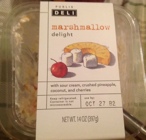 Marshmallow Delight” from Publix. 1 8oz container of sour cream 1 can of mandarin oranges (drained) 1 can of crushed pineapple (drained) 1 jar of maraschino cherries (drained) 1/2 bag of coconut 1/2 bag of small marshmallows Marshmallow Delight, Congealed Salads, Fluff Salads, Ambrosia Recipe, Ambrosia Fruit Salad, Pineapple Delight, Publix Recipes, Recipes With Ingredients, Church Fellowship