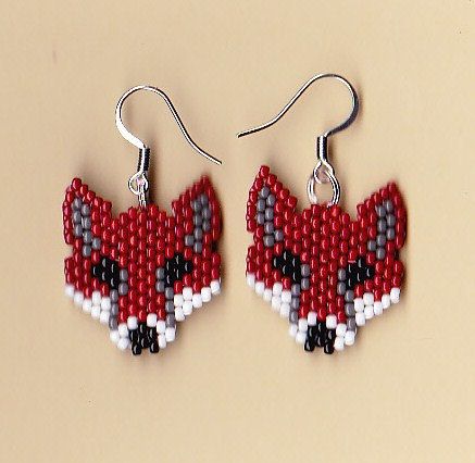 Fox Earrings, Beadwork Necklace, Native American Beaded Earrings, Bead Sewing, Brick Stitch Earrings, Beautiful Beadwork, Brick Stitch Pattern, Seed Bead Patterns, Beaded Jewels