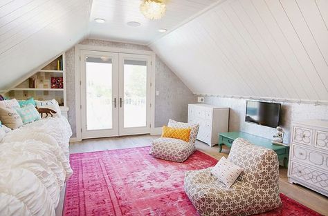 teen attic bedroom | Four Chairs Furniture Hangout Room, House Of Turquoise, Attic Bedrooms, Attic Renovation, Attic Spaces, Attic Remodel, Attic Bedroom, Attic Rooms