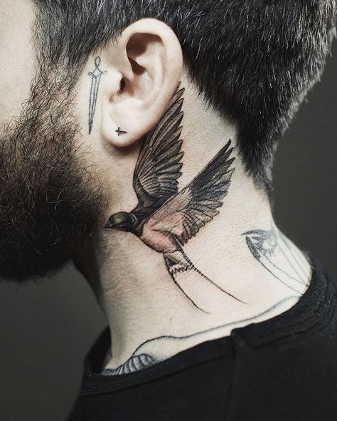 Realistic Sparrow Tattoo, Sparrow Neck Tattoo, Mens Swallow Tattoo, Swallow Neck Tattoo, Bird Neck Tattoo, Sparrow Tattoo Ideas, Swallow Tattoo Meaning, Bird Tattoo Neck, Bird Hand Tattoo