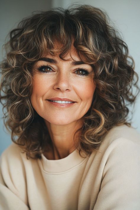 34 Elegant Hairstyles for Women Over 50 with Bangs in 2024 – CreativeBooster Over 50 Bangs, Curly Shag With Bangs, Women Over 50 With Bangs, Over 50 With Bangs, Angled Bangs, Curly Shag, Chin Length Cuts, Older Women's Hairstyles, Balayage Hairstyles