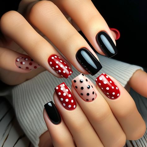 Power Nails Design, Red Pink Black Nails, Black Matte Nail Designs, Red And Black Nail Designs, Red And Black Nail, Nails Red And Black, Rockabilly Nails, Pink Black Nails, Polka Dot Nail Designs