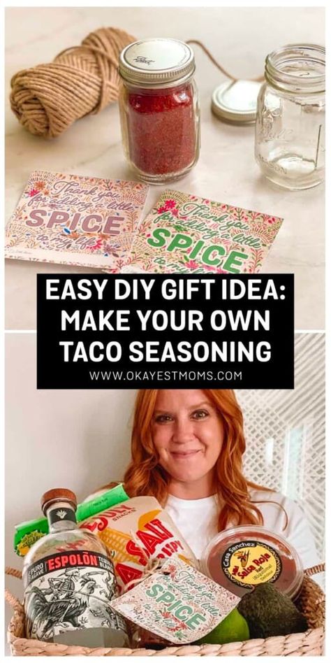 These tiny mason jars full of homemade taco seasoning are the perfect handmade Christmas gift for neighbors, coworkers, or friends. Download the free printable gift tag and throw it in a taco night gift basket so they can have their own taco night party at home! Taco Night Gift Basket, Taco Night Party, Christmas Gift For Neighbors, Christmas Gift Homemade, Taco Gifts, Gift Homemade, Neighbor Christmas Gifts, Free Printable Gifts, Free Printable Gift Tags