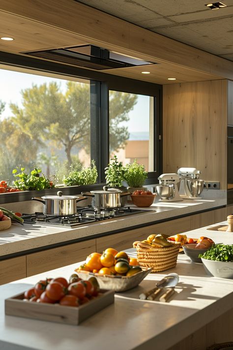 Bright, sunlit kitchens redefine modern elegance where large windows invite nature inside. Experience the joy of cooking with fresh veggies and herbs at your fingertips. Stainless steel elements and appliances blend seamlessly, forming a remarkable yet serene space. Brought to life by NOVASPACE PROMOciones, pioneers in passive houses. Embrace sustainability without sacrificing style. Learn more today! The Joy Of Cooking, Mediterranean Style Home, Passive House, Joy Of Cooking, Fresh Veggies, Mediterranean Style, Large Windows, Sustainable Living, Modern Elegance