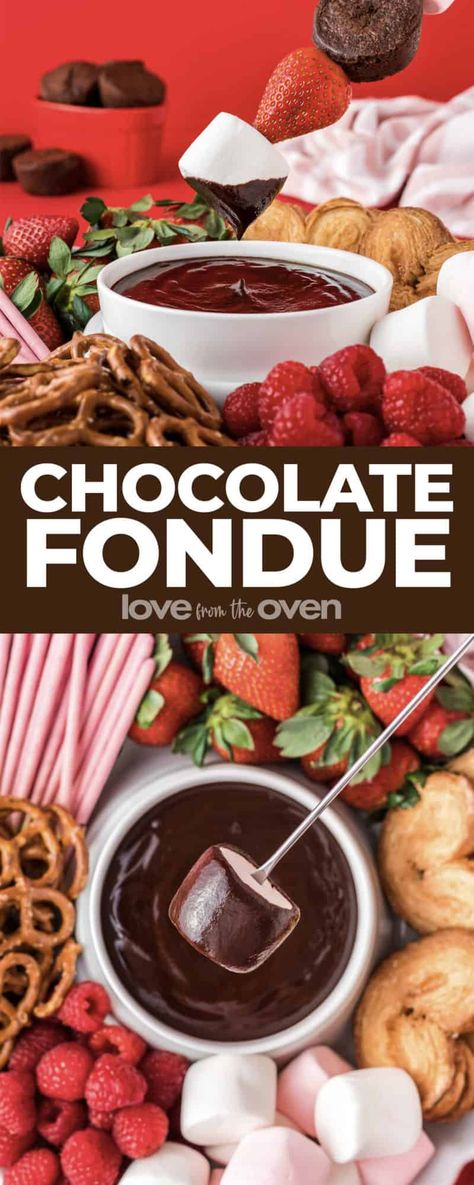 Chocolate Fondue Recipe (Quick and Easy!) • Love From The Oven Chocolate Fondue Dippers, Easy Chocolate Fondue, Easy Chocolate Fondue Recipe, Fondue Dippers, Chocolate Fondue Recipe, Love From The Oven, Fondue Recipe, Fondue Recipes, Easy Chocolate