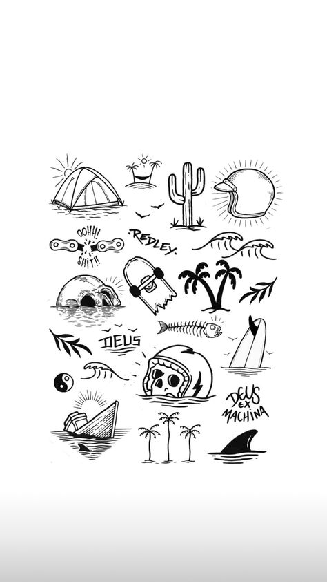 Surf Flash Tattoo, Simple Beach Tattoo Ideas, Keep It Simple Tattoo, Men’s Patchwork Tattoos Simple, Surf Tattoo Ideas, Surfing Drawing, Beach Theme Art, New Tattoo Styles, Surf Illustration