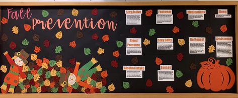 Fall Prevention Nursing Home, Nursing Quality Board Ideas, Fall Nursing Bulletin Boards, Fall Prevention Bulletin Board Nursing, Pt Month Bulletin Board, Nurse Education Bulletin Board, Fall Prevention Bulletin Board, Nursing Education Board Ideas, Nursing Bulletin Board Ideas Hospital