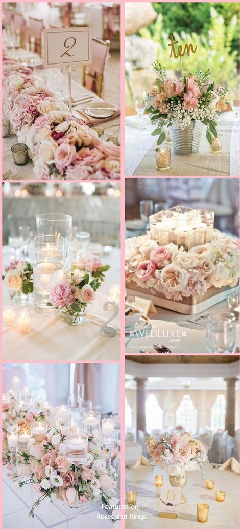 Blush pink wedding centerpiece decor ideas #weddings #centerpieces #weddingideas #weddingcenterpieces #pinkwedding #rar #rosesandrings Pink And Gold Floral Centerpieces, Dusty Pink Centerpiece, Pink And Gold Wedding Centerpieces, Round Table Centerpiece Ideas, Blush Flowers Centerpiece, Blush Pink Wedding Centerpieces, Wedding Ideas Pink, Wedding Table Centerpieces Elegant, Floral Wedding Centerpieces