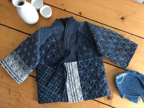 Handmade sashiko quilted jacket for toddler or child Sashiko Jacket Denim, Sashiko Jacket, Kimono Styles, Sashiko Embroidery, Indigo Shibori, Product Development, Field Jacket, Shibori, Quilted Jacket