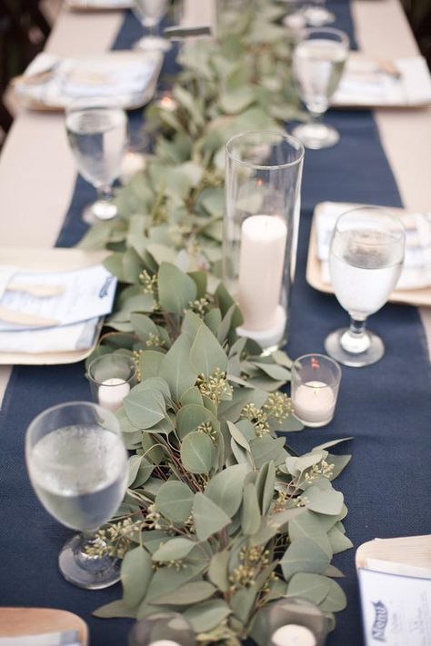 inspiration | eucalyptus centerpieces on blue and white table setting | katrina louise photography | via: ruffled Eucalyptus Centerpiece, White Table Settings, Table Garland, Beach Dinner, Tafel Decor, Garden Estate, Flowers And Greenery, Table Flower, Something Blue Wedding