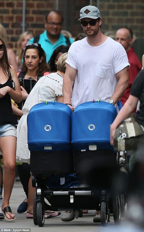 Double trouble: If his looming figure wasn't enough, Chris pushed a two baby pushchair down the road Bugaboo Donkey Twin, Luke Hemsworth, Alison Argent, Bugaboo Stroller, Bugaboo Donkey, Twin Strollers, Baby Twins, Hot Dads, Australian Actors