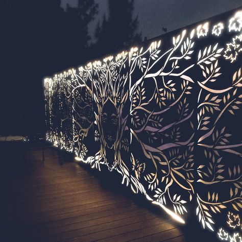 This amazing metal artwork for out Hunter Valley comprised of a 9m x 1.8m laser cut custom metal art panels with rear LED strip lighting. Metal work & art design by Sharon and Jon Romeo at Curves and Edges. The project featured full concrete pool refurbishment, new hardwood decking and frameless glass pool fencing. #metalart #metalartwork #curvesandedges #pool #concretepool #deck #hardwooddecking #huntervalley #landscapelighting Outdoor Entertaining Area Pool, Metal Garden Screens, Temple Home, Selection Project, Glass Pool Fencing, Pool Fencing, Outdoor Gate, Staircase Railing Design, Laser Cut Screens