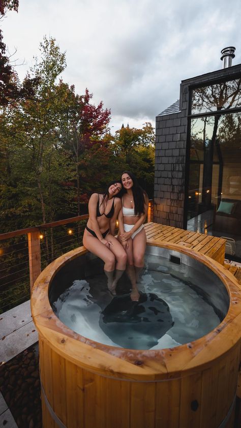 angelaliggs on Instagram: NEW BLOG POST: 7 unique cabins and treehouses in QUEBEC… including this one.🧡🍂 Link in bio to read! Please leave a comment if you found it… Hot Tub Cabin Photoshoot, Quebec Aesthetic, Winter Hot Tub Instagram Pictures, Hot Tub Snow Pictures, Friends In Hot Tub, Unique Cabins, Fall Cabin, Copper Jacuzzi Tub, Cabin Aesthetic