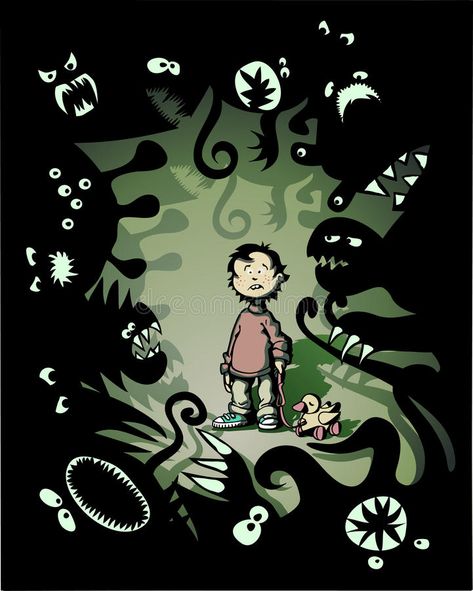 Fear. Illustration of a fearful little boy surrounded by fantasy monsters , #AFFILIATE, #fearful, #Illustration, #Fear, #boy, #monsters #ad Monsters Illustration, Fantasy Monster, Social Media Design Graphics, Cartoon Illustration, Vector Pattern, Book Illustration, Art Sketches, Royalty Free Images, Cool Tattoos