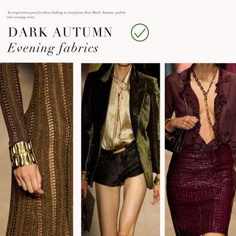 Dark Autumn evening aesthetic for this season 🤎⁠ .⁠ #coloranalysis #colouranalysis #deepautumn #darkautumn #autumnpalette #coloranalyst Dark Autumn Color Outfit, Dark Autumn Skin Tone, Deep Autumn Outfits Aesthetic, Dark Autumn Outfits Color Palettes, Dark Autumn Color Palette Outfit, Dark Autumn Palette, True Autumn Outfits, Dark Autumn Aesthetic, Deep Autumn Makeup