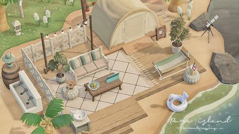 Acnh Elegant Neighborhood, Acnh Campsite Inspiration Beach, Acnh Happy Home Paradise Pecan, Animal Crossing Beach Campsite Ideas, Acnh Hammock Design, Modern Acnh Island, Animal Crossing Beach Campsite, Acnh Island Plan, Beach Campsite Acnh