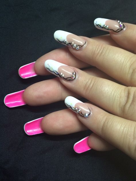 Acrylic French nails with pink underside. Hand painted art and crystal culture crystals. Underside Nail Art, French Nails With Pink, Acrylic French Nails, Nails With Pink, Acrylic French, Emerald Nails, Glitter Liner, Lovely Nails, Painted Nails