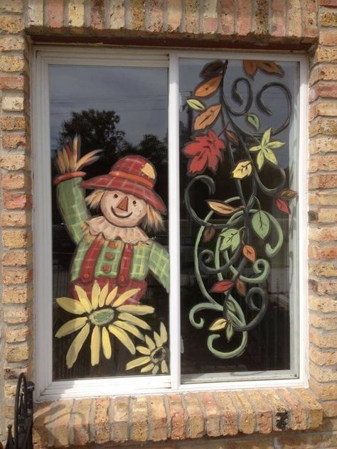 Fall Painting On Windows, Cute Fall Window Paintings, Halloween Window Mural, Fall Painted Window Ideas, Scarecrow Window Painting, Fall Window Painting Ideas Store, Autumn Window Painting Ideas, Fall Window Art Ideas, Fall Mural Ideas