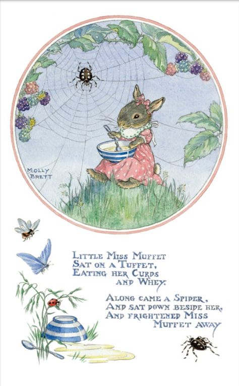 Nursery Rhyme Decorations, Eating Illustration, Mouse Eating, Nursery Rhyme Art, Old Nursery Rhymes, Margaret Tarrant, Little Miss Muffet, Nursery Illustration, Web Illustration