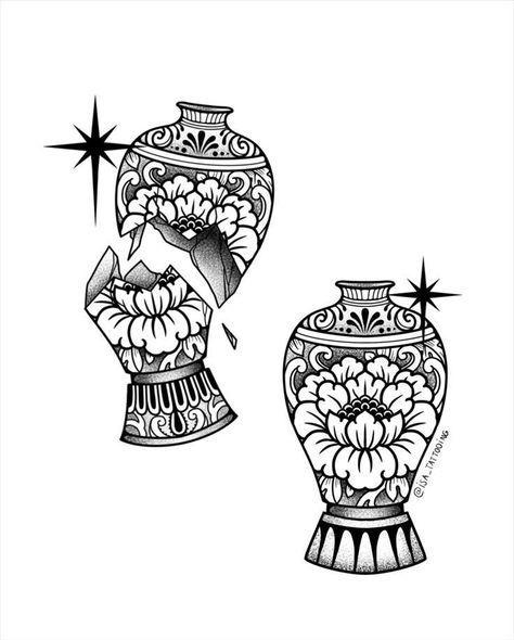 Vase Tattoo Design, Broken Vase, Vase Tattoo, Queen Of Hearts Tattoo, Abstract Tattoo Ideas, Traditional Vases, Traditional Tattoo Designs, Traditional Style Tattoo, Handpoke Tattoo