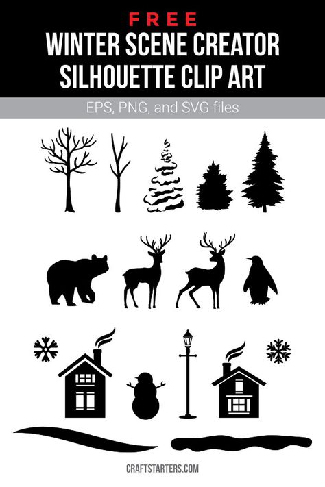 Winter Scene Silhouette, Winter Silhouette Scene, Silhouette Images Free, Svg Free Christmas, Winter Clip Art, Dinosaur Clip Art, Winter Silhouette, Clip Art Freebies, Cricut Christmas Ideas