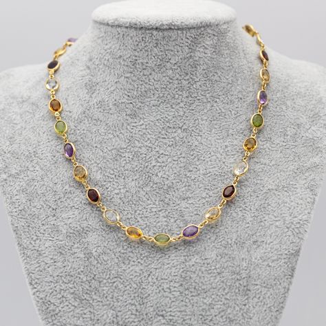 For sale is this marvellous multi coloured necklace. This chain is decorated with many oval shaped stones. These stones are no gemstones, yet they bring the perfect amount of sparkles and joy to this chain. It is hallmarked with a 750 and an Italian makers mark. We love this chain so much, it is the perfect chain to wear plain. But can as well be used as a charm carrying necklace. It is a versatile jewel that will steal your heart in no time. Necklace length : 41,5 cm - 16,34 Inch Total We... Time Necklace, New Gold Jewellery Designs, Multi Coloured Necklaces, Gold Jewellery Design, Jewellery Designs, Gold Jewellery, Necklace Length, No Time, Makers Mark