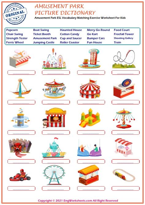 Amusement Park Printable English ESL Vocabulary Worksheets - EngWorksheets Amusement Park Worksheet, Writing Practice Worksheets, English Spelling, Esl Vocabulary, English Exercises, Picture Dictionary, English Worksheets For Kids, Kids English, Vocabulary Worksheets