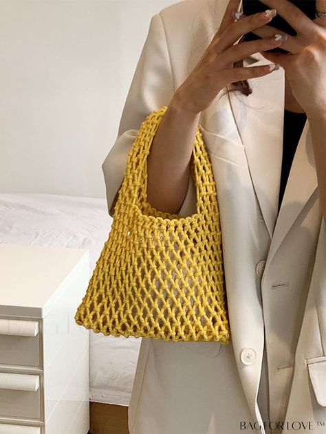 BagForLove - Chic Crochet Bag Featuring Convenient Inner Pouch Product Description Color Yellow Details Hollow Bag Size Small Type Crochet Bags Closure Type Drawstring Pattern Type Plain Style Vacation Strap Type Top Handle Features Lightweight Composition 100% Polyester Material Polyester Size Chart INCH CM Bag Length Bag Width Bag Height Handle Height 7.9/7.9 inch 2.4/0.4 inch 7.1/5.9 inch 5.5/3.9 inch Bag Length Bag Width Bag Height Handle Height 20/20 cm 6/1 cm 18/15 cm 14/10 cm Details Pict Crochet Small Bag, Chic Crochet, Crochet Vest Pattern, Vest Pattern, Chunky Crochet, Crochet Bags, Cute Bags, Bag Handle, Crochet Designs