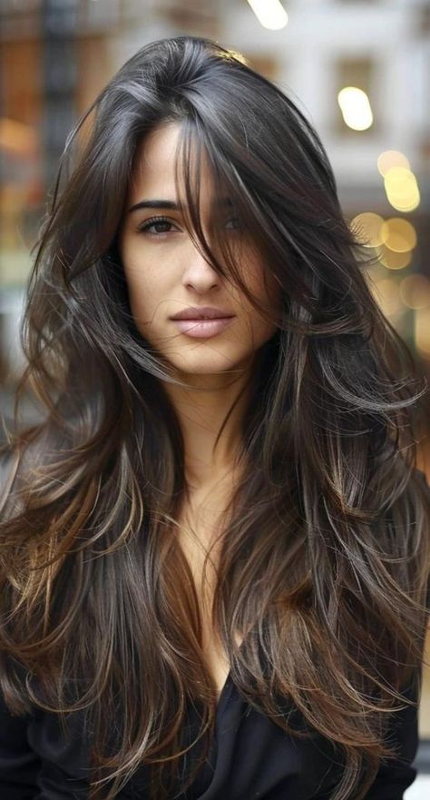 Long Hair Styles Side Part, Long Layer Hairstyles, Long Dark Hair With Layers, Long Layered Haircuts For Thick Hair, Trendy Layered Haircuts, Cuts For Long Hair, Layered Haircuts For Long Hair, Coral Hair, Layer Cut