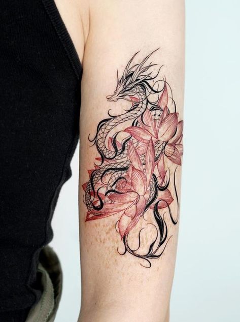 Dragon Lily Tattoo, Dragon Lily, Lily Tattoo Ideas, Animal Lover Tattoo, Dragon Tattoo Back, Dragons Tattoo, Floral Thigh Tattoos, Dragon Tattoo For Women, Fire Tattoo