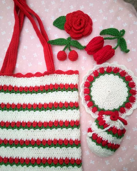 Red lover custom order: -Tulip bag -red rose hair clip -cherry hair clip - tulip coaster - tulip pouch - tulip keychain #crochet Tulip Keychain Crochet, Tulip Coaster, Tulip Keychain, Rose Hair Clip, Tulip Pattern, Cherry Hair, Keychain Crochet, Rose Hair, Crochet Coasters