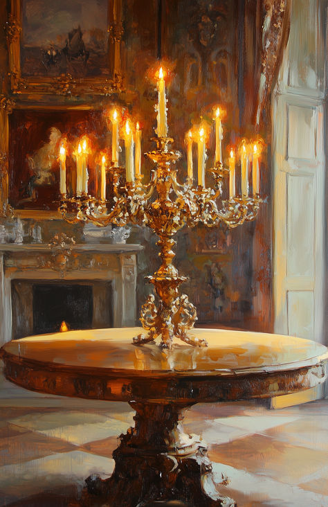 The candelabra stands like a beacon of grace, its flames a symbol of enduring light. Candlestick Aesthetic, Candelabra Decor, A Symbol, Habitat, House Ideas, Sketch Book, Oil Painting, Quick Saves, Art