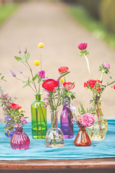 If there's one thing I know for certain it's that the brides (and grooms!) that… Rainbow Glassware Wedding, Colored Bud Vases, Rainbow Glassware, Retro Inspired Wedding, Bud Vases Wedding, Wedding Head Table, Vases Wedding, Wedding Glassware, Head Table Wedding