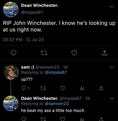 Destiel Funny, Supernatural Twitter, Supernatural Tweets, Trans Dean Winchester, Spn Text Posts, Spn Tumblr Posts, Supernatural Memes Funny Hilarious, Supernatural Memes Funny, Supernatural Tumblr