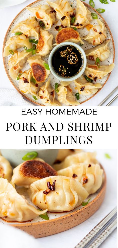 Pork and Shrimp Dumplings. Crispy savoury morsels of pork and shrimp packed in a wrapper. Flavoured with soy sauce, sesame and garlic. These dumplings are very easy to make and work well as a side dish, appetizer or main. #recipe #recipeeasy #filling #recipechinese #homemade #chinese #shrimpand #easy #ground #fried #dumplings #asianfood #asianrecipes #chineserecipe #chinesefood #panfried #howtomake #fillingrecipe Dumplings Recipe Korean, Best Chinese Dumplings Recipe, Chicken Shrimp Dumplings, Chicken And Shrimp Dumplings, Pork Belly Dumplings, Pork And Prawn Dumplings, Pan Seared Dumplings, Pork And Prawn Dumplings Recipe, Potsticker Filling Recipe