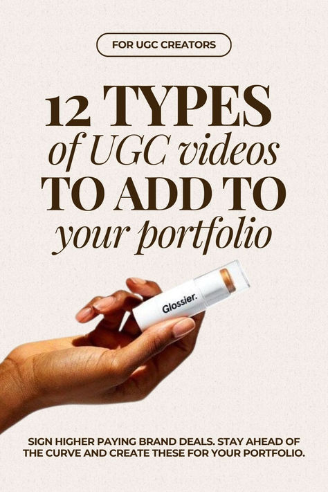 For UGC Creators:
12 VIDEOS TO ADD TO YOUR UGC PORTFOLIO 
SIGN HIGHER PAYING BRAND DEALS. Stay Ahead of the Curve AND CREATE THESE FOR YOUR PORTFOLIO.

ugc creator hand holding a glossier bronzer, trendy content creator aesthetic Ugc Content Portfolio, Ugc Portfolio Ideas, Ugc Content Ideas, Ugc Inspiration, Ugc Content Examples, Ugc Examples, Ugc Creators, Brand Deals, Family Schedule