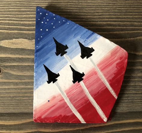 Airplane Painted Rocks, Firework Rock Painting, America Painting Ideas, Veterans Day Rock Painting, Veterans Day Painted Rocks, Patriotic Art Ideas, Fallen Officer, Airplane Painting, Patriots Day