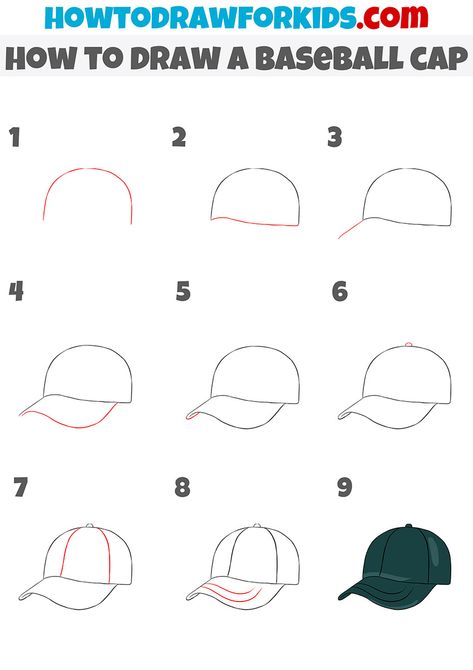 how to draw a baseball cap step by step Baseball Hat Template, Baseball Cap Drawing, Directed Drawing Kindergarten, Drawing Hats, Baseball Drawings, Cap Drawing, Hat Drawing, Hat Template, Drawing Heads