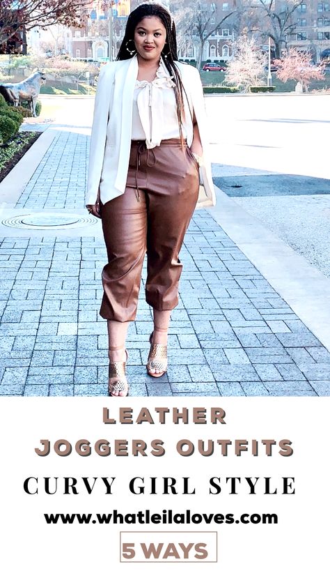 Faux Leather Joggers Outfit Plus Size, Brown Faux Leather Joggers Outfit, Faux Leather Jogger Outfit, Brown Leather Joggers Outfit Winter, Tan Leather Joggers Outfit, How To Style Faux Leather Joggers, Tan Faux Leather Pants Outfit, Faux Leather Joggers Outfit Dressy, Camel Faux Leather Pants Outfit